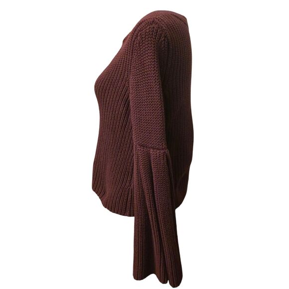 Free People XS Chunky Damsel Bell Sleeve Knit Sweater Cropped Wine Purple - Picture 4 of 9